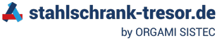 Links Logo von Orgami Sistec. Es ist eine Art Dreieck welches aus drei Balken, mit den Farben Rot, hellblau und dunkelblau zusammengestellt wurde. Rechts daneben der Text „stahlschrank-tresore.de“ in fett und darunter „by ORGAMI SISTEC“ in dünn.
