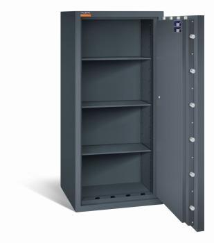 Preview: Geöffneter graphitgrauer Wertschutzschrank mit massivem Korpus und offener Tür. Im inneren befinden sich drei höhenverstellbare Fachböden. Der Tresor steht vor einem weißen Hintergrund.