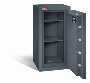Preview: Graphitgrauer Wertschutzschrank mit geöffneter Tür. Sichtbare Türverriegelung und Zertifikate. Innen leer mit zwei Fachböden. Vor weißem Hintergrund.