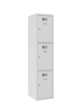 Ein lichtgrauer Fächerschrank mit einem Abteil und drei Fächern mit jeweils einer Tür. Alle Türen sind geschlossen. Der Schrank steht vor einem weißen Hintergrund.