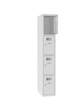 Ein lichtgrauer Fächerschrank mit einem Abteil und vier Fächern mit jeweils einer Tür. Die oberste Tür ist geöffnet. Der Schrank steht vor einem weißen Hintergrund.