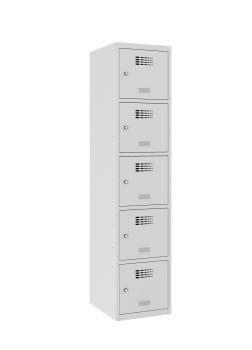 Ein lichtgrauer Fächerschrank mit einem Abteil und fünf Fächern mit jeweils einer Tür. Alle Türen sind geschlossen. Der Schrank steht vor einem weißen Hintergrund.