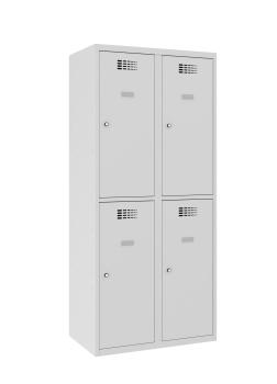Ein lichtgrauer Fächerschrank mit zwei Abteilen und vier Fächern mit jeweils einer Tür. Alle Türen sind geschlossen. Der Schrank steht vor einem weißen Hintergrund.