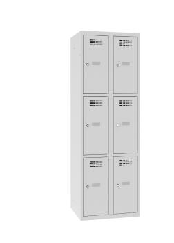 Ein lichtgrauer Fächerschrank mit zwei Abteilen und sechs Fächern mit jeweils einer Tür. Alle Türen sind geschlossen. Der Schrank steht vor einem weißen Hintergrund.