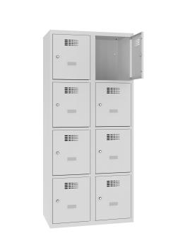Ein lichtgrauer Fächerschrank mit zwei Abteilen und acht Fächern mit jeweils einer Tür. Die obere rechte Tür ist geöffnet, während der Schrank vor einem weißen Hintergrund steht.