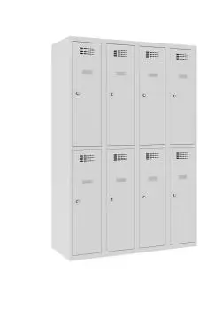 Ein lichtgrauer Fächerschrank mit vier Abteilen und acht Fächern mit jeweils einer Tür. Alle Türen sind geschlossen. Der Schrank steht vor einem weißen Hintergrund.