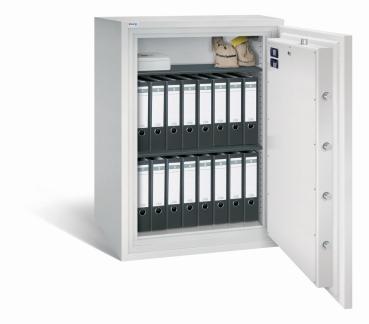Ein lichtgrauer Wertschutzschrank mit einer geöffneten Tür. Im Innenraum befinden sich zwei Reihen schwarze Aktenordner, eine Kassenbox und Geldbeutel. Das Produkt steht vor einem weißen Hintergrund.