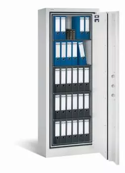 Lichtgrauer Dokumentenschrank mit sichtbarer Türverriegelung und Zertifikaten auf der Türinnenseite. Im Innenraum befinden sich vier Fachböden und drei Reihen schwarze und zwei Reihen blaue Aktenordner. Der Tresor steht vor einem weißen Hintergrund.