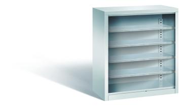 Lichtgrauer Regallagerschrank mit 4 Fachböden. Geeignet zur Aufbewahrung in Lagern oder Werkstätten. Das Produkt steht vor einem weißen Hintergrund.