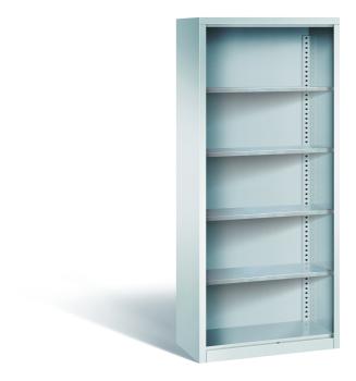Lichtgrauer Regallagerschrank mit 4 Fachböden. Geeignet zur Aufbewahrung in Lagern oder Werkstätten. Das Produkt steht vor einem weißen Hintergrund.