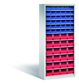 Lichtgrauer Regallagerschrank mit 11 Fachböden und 60 Sichtlagerkästen (36 blau, 24 rot). Geeignet zur Aufbewahrung in Lagern oder Werkstätten. Das Produkt steht vor einem weißen Hintergrund.