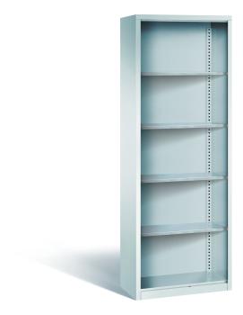 Lichtgrauer Regallagerschrank mit 4 Fachböden. Geeignet zur Aufbewahrung in Lagern oder Werkstätten. Das Produkt steht vor einem weißen Hintergrund.