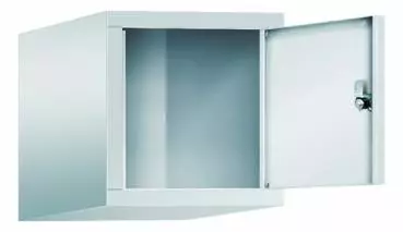 Lichtgrauer Fächerschrank mit einem Abteil und einem Fach, ideal zur Aufbewahrung von Gegenständen. Steht vor einem weißen Hintergrund.