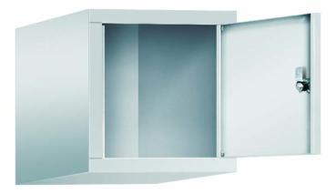 Lichtgrauer Fächerschrank mit einem Abteil und einem Fach, ideal zur Aufbewahrung von Gegenständen. Steht vor einem weißen Hintergrund.