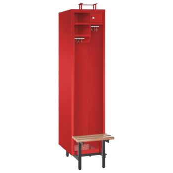 Ein feuerroter Feuerwehrschrank mit einem Abteil, einer Sitzbank, einem Helmständer und zwei Ablagefächern. Zusätzlich ein Wertfach mit Zylinderschloss und zwei Metallkleiderstangen mit Schiebehaken. Das Produkt steht vor einem weißen Hintergrund.