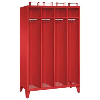 Ein feuerroter Feuerwehrschrank mit vier Abteilen, vier Helmfächern, vier Ablagefächern und vier Kleiderstangen mit Kleiderhaken. Der Unterbau besteht aus Stahlblechfüßen. Das Produkt steht vor einem weißen Hintergrund.