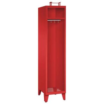 Ein feuerroter Feuerwehrschrank mit einem Abteil, einem Helmfach, einem Ablagefach und einer Kleiderstange mit Kleiderhaken. Der Unterbau besteht aus Stahlblechfüßen. Das Produkt steht vor einem weißen Hintergrund.