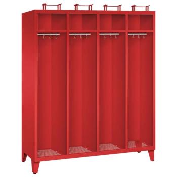 Ein feuerroter Feuerwehrschrank mit vier Abteilen, vier Helmfächern, vier Ablagefächern und vier Kleiderstangen mit Kleiderhaken. Der Unterbau besteht aus Stahlblechfüßen. Das Produkt steht vor einem weißen Hintergrund.