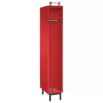 Ein feuerroter Feuerwehrschrank mit einem Abteil, einem Helmfach, einem Ablagefach und einer Kleiderstange mit Kleiderhaken. Der Unterbau besteht aus Stahlrohrfüßen. Das Produkt steht vor einem weißen Hintergrund.