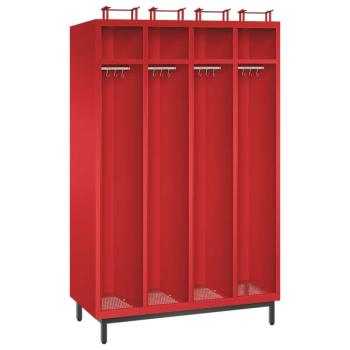 Ein feuerroter Feuerwehrschrank mit vier Abteilen, vier Helmfächern, vier Ablagefächern und vier Kleiderstangen mit Kleiderhaken. Der Unterbau besteht aus Stahlrohrfüßen. Das Produkt steht vor einem weißen Hintergrund.