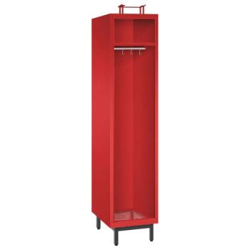 Ein feuerroter Feuerwehrschrank mit einem Abteil, einem Helmfach, einem Ablagefach und einer Kleiderstange mit Kleiderhaken. Der Unterbau besteht aus Stahlrohrfüßen. Das Produkt steht vor einem weißen Hintergrund.