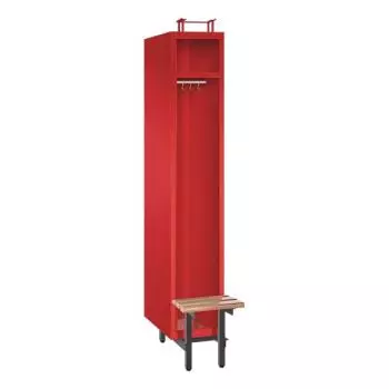 Ein feuerroter Feuerwehrschrank mit einem Abteil, einem Helmfach, einem Ablagefach und einer Kleiderstange mit Kleiderhaken. Der Unterbau besteht aus Stahlrohrfüßen und einer vorgebauten Sitzbank. Das Produkt steht vor einem weißen Hintergrund.