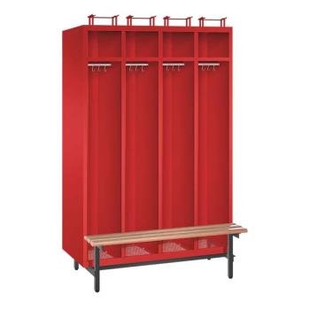 Ein feuerroter Feuerwehrschrank mit vier Abteilen, vier Helmfächern, vier Ablagefächern und vier Kleiderstangen mit Kleiderhaken. Der Unterbau besteht aus Stahlrohrfüßen & einer vorgebauten Sitzbank. Das Produkt steht vor einem weißen Hintergrund.