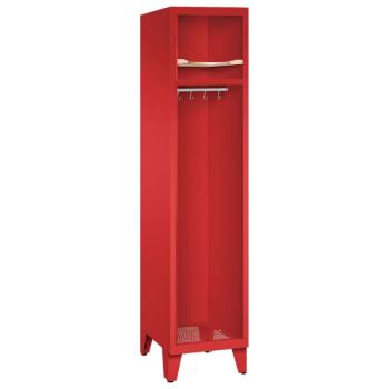 Ein feuerroter Feuerwehrschrank mit einem Abteil. Der Spind steht auf Stahlblechfüßen und verfügt über einen Helmboden, eine Kleiderstange mit Kleiderhaken sowie einen Ablageboden. Das Produkt steht vor einem weißen Hintergrund.
