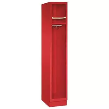 Ein feuerroter Feuerwehrschrank mit einem Abteil. Der Spind verfügt über einen Helmboden, eine Kleiderstange mit Kleiderhaken sowie einen Ablageboden. Das Produkt steht vor einem weißen Hintergrund.