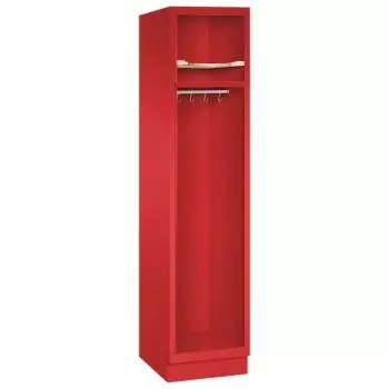 Ein feuerroter Feuerwehrschrank mit einem Abteil. Der Spind verfügt über einen Helmboden, eine Kleiderstange mit Kleiderhaken sowie einen Ablageboden. Das Produkt steht vor einem weißen Hintergrund.