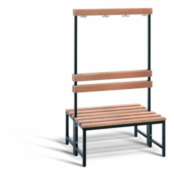 Garderobenbank doppelseitig in der Farbe Graphitschwarz mit Rückenlehne, ohne Schuhrost. Die Garderobe steht vor einem weißen Hintergrund.