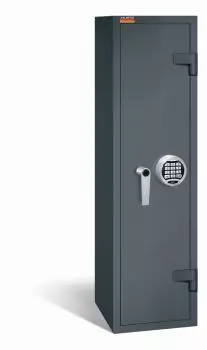 Ein graphitgrauer Waffenschrank mit einem elektronischen Schloss und einer geschlossenen Tür. Das Produkt steht vor einem weißen Hintergrund.