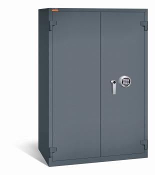 Ein graphitgrauer Aktenlagerschrank mit Elektronischem Schloss und einer geschlossenen Tür. Der Tresor steht vor einem weißen Hintergrund.