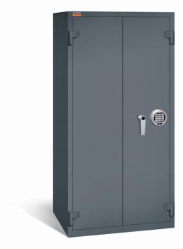Ein graphitgrauer Aktenlagerschrank mit Elektronischem Schloss und zwei geschlossenen Türen. Der Tresor steht vor einem weißen Hintergrund.