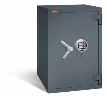 Ein graphitgrauer Wertschutzschrank mit einem Doppelbart-Sicherheitsschloss und einem Elektronischen Schloss. Die Tür ist geschlossen. Das Produkt befindet sich vor einem weißen Hintergrund.