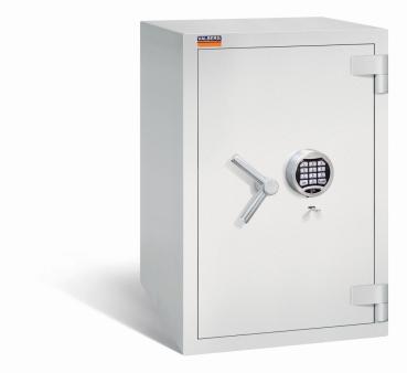 Ein lichtgrauer Wertschutzschrank mit einem Doppelbart-Sicherheitsschloss und einem Elektronischen Schloss. Die Tür ist geschlossen. Das Produkt befindet sich vor einem weißen Hintergrund.