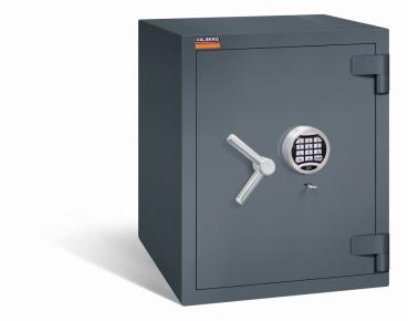 Ein graphitgrauer Wertschutzschrank mit einem Doppelbart-Sicherheitsschloss und einem Elektronischen Schloss. Die Tür ist geschlossen. Das Produkt befindet sich vor einem weißen Hintergrund.