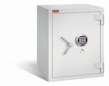 Ein Lichtgrauer Wertschutzschrank mit einem Doppelbart-Sicherheitsschloss und einem Elektronischen Schloss. Die Tür ist geschlossen. Das Produkt befindet sich vor einem weißen Hintergrund.