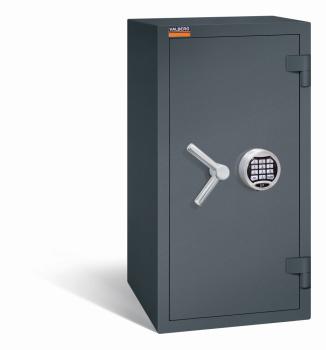 Ein graphitgrauer Wertschutzschrank mit einem Elektronischen Schloss. Die Tür ist geschlossen. Das Produkt befindet sich vor einem weißen Hintergrund.