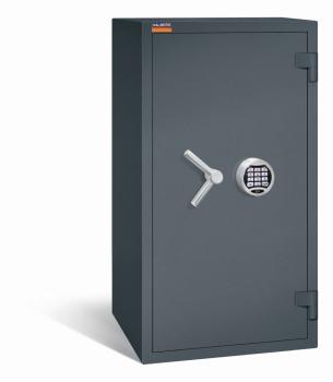Ein graphitgrauer Wertschutzschrank mit einem Elektronischen Schloss. Die Tür ist geschlossen. Das Produkt befindet sich vor einem weißen Hintergrund.