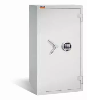 Ein lichtgrauer Wertschutzschrank einem Elektronischen Schloss. Die Tür ist geschlossen. Das Produkt befindet sich vor einem weißen Hintergrund.