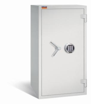 Ein lichtgrauer Wertschutzschrank einem Elektronischen Schloss. Die Tür ist geschlossen. Das Produkt befindet sich vor einem weißen Hintergrund.