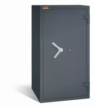 Ein graphitgrauer Wertschutzschrank mit einem Doppelbart-Sicherheitsschloss. Die Tür ist geschlossen. Das Produkt befindet sich vor einem weißen Hintergrund.