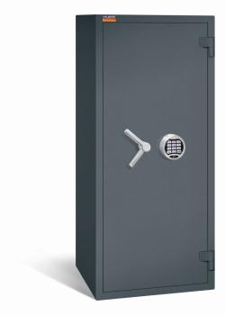 Ein graphitgrauer Wertschutzschrank mit einem Elektronischen Schloss. Die Tür ist geschlossen. Das Produkt befindet sich vor einem weißen Hintergrund.
