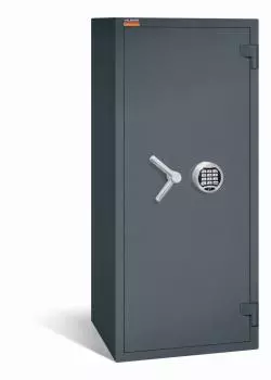 Ein graphitgrauer Wertschutzschrank mit einem Elektronischen Schloss. Die Tür ist geschlossen. Das Produkt befindet sich vor einem weißen Hintergrund.