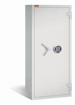 Ein lichtgrauer Wertschutzschrank einem Elektronischen Schloss. Die Tür ist geschlossen. Das Produkt befindet sich vor einem weißen Hintergrund.