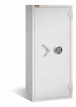 Ein lichtgrauer Wertschutzschrank einem Elektronischen Schloss. Die Tür ist geschlossen. Das Produkt befindet sich vor einem weißen Hintergrund.