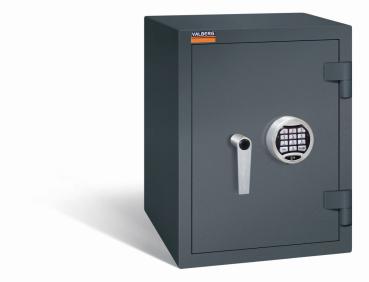 Ein graphitgrauer Wertschutzschrank mit einem Elektronischen Schloss. Die Tür ist geschlossen. Das Produkt befindet sich vor einem weißen Hintergrund.