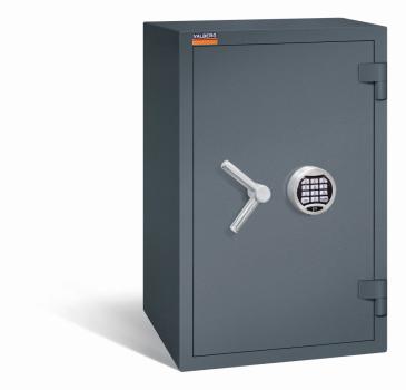 Ein graphitgrauer Wertschutzschrank mit einem Elektronischen Schloss. Die Tür ist geschlossen. Das Produkt befindet sich vor einem weißen Hintergrund.