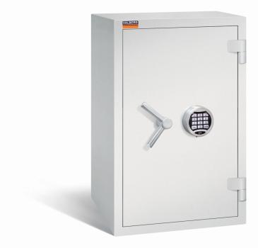 Ein lichtgrauer Wertschutzschrank einem Elektronischen Schloss. Die Tür ist geschlossen. Das Produkt befindet sich vor einem weißen Hintergrund.